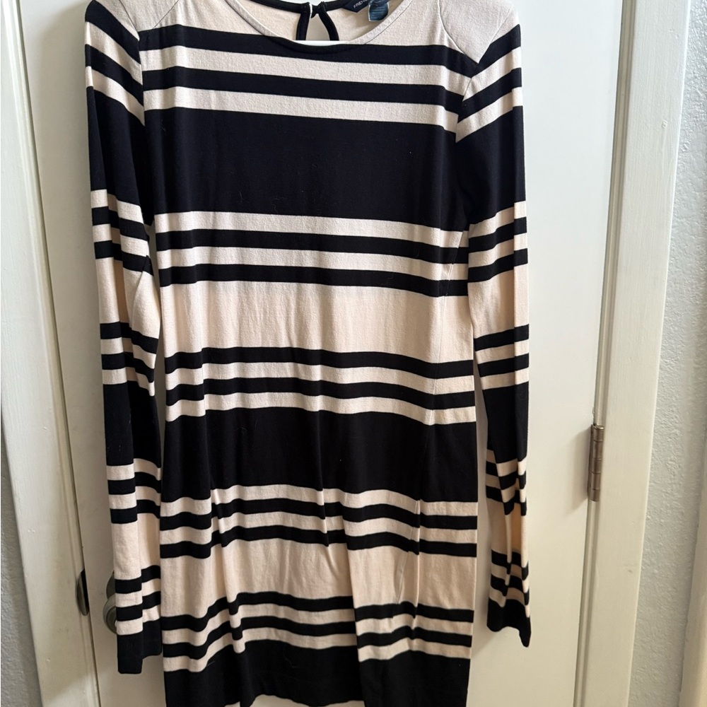 French Connection Black and Cream Striped Long Sleeve Dress